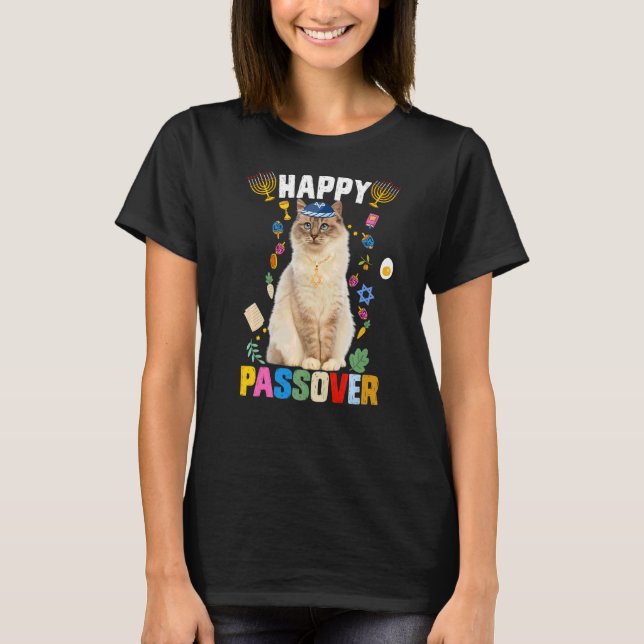 Jewish Cat Kippah Happy Passover Matzah Passover H T-Shirt (Front)