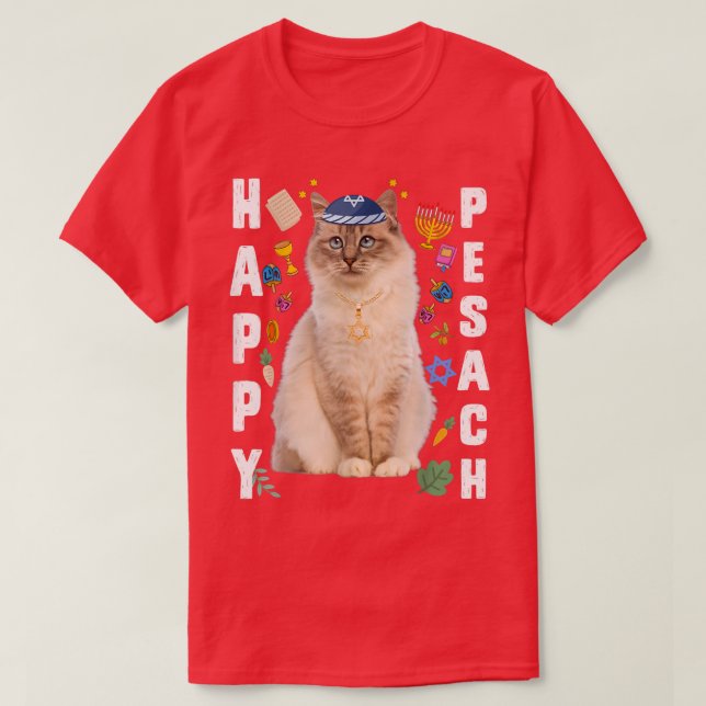 Jewish Cat Kippah Happy Pesach Matzah Passover Hol T-Shirt (Design Front)