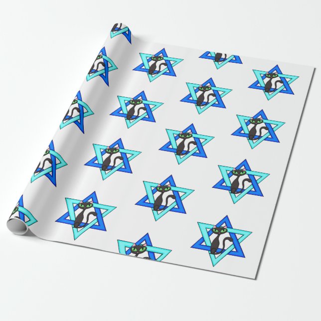 Jewish Cat Stars Wrapping Paper (Unrolled)