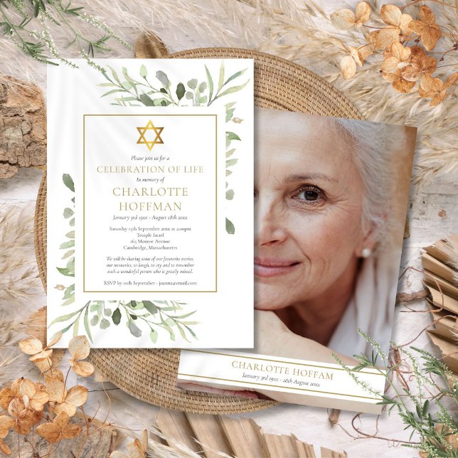 Jewish Celebration of Life Funeral Greenery Photo Invitation (Jewish Celebration of Life Funeral Greenery Photo Invitation)