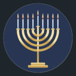 Jewish Chanukah menorah Classic Round Sticker<br><div class="desc">Jewish menorah candle holder with candles on blue background.</div>