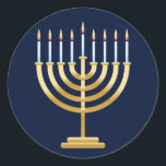 Jewish Chanukah menorah Classic Round Sticker<br><div class="desc">Jewish menorah candle holder with candles on blue background.</div>