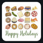 Jewish Cooking Cuisine Happy Holidays Dinner Square Sticker<br><div class="desc">Design features an original illustration of an assortment of popular foods in Jewish cuisine, including: babka, bagel with cream cheese and lox, rugelach, blueberry blintzes, hamantash, reuben sandwich, kosher dill pickle, matzah, spinach knish, shakshuka, everything bagel, coconut macaroon, Israeli salad, kugel, bourekas, beef brisket, latkes with sour cream, matzo ball...</div>