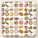 Jewish Cooking Cuisine Holiday Dinner Foods Print Coaster<br><div class="desc">Design features an original illustration of an assortment of popular foods in Jewish cuisine, including: babka, bagel with cream cheese and lox, rugelach, blueberry blintzes, hamantash, reuben sandwich, kosher dill pickle, matzah, spinach knish, shakshuka, everything bagel, coconut macaroon, Israeli salad, kugel, bourekas, beef brisket, latkes with sour cream, matzo ball...</div>