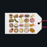 Jewish Cooking Cuisine Holiday Dinner Foods Print Gift Tags<br><div class="desc">Design features an original illustration of an assortment of popular foods in Jewish cuisine, including: babka, bagel with cream cheese and lox, rugelach, blueberry blintzes, hamantash, reuben sandwich, kosher dill pickle, matzah, spinach knish, shakshuka, everything bagel, coconut macaroon, Israeli salad, kugel, bourekas, beef brisket, latkes with sour cream, matzo ball...</div>