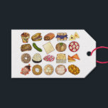 Jewish Cooking Cuisine Holiday Dinner Foods Print Gift Tags<br><div class="desc">Design features an original illustration of an assortment of popular foods in Jewish cuisine, including: babka, bagel with cream cheese and lox, rugelach, blueberry blintzes, hamantash, reuben sandwich, kosher dill pickle, matzah, spinach knish, shakshuka, everything bagel, coconut macaroon, Israeli salad, kugel, bourekas, beef brisket, latkes with sour cream, matzo ball...</div>
