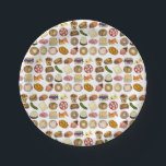 Jewish Cooking Cuisine Holiday Dinner Foods Print Paper Plate<br><div class="desc">Design features an original illustration of an assortment of popular foods in Jewish cuisine, including: babka, bagel with cream cheese and lox, rugelach, blueberry blintzes, hamantash, reuben sandwich, kosher dill pickle, matzah, spinach knish, shakshuka, everything bagel, coconut macaroon, Israeli salad, kugel, bourekas, beef brisket, latkes with sour cream, matzo ball...</div>