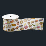 Jewish Cooking Cuisine Holiday Dinner Foods Print Satin Ribbon<br><div class="desc">Design features an original illustration of an assortment of popular foods in Jewish cuisine, including: babka, bagel with cream cheese and lox, rugelach, blueberry blintzes, hamantash, reuben sandwich, kosher dill pickle, matzah, spinach knish, shakshuka, everything bagel, coconut macaroon, Israeli salad, kugel, bourekas, beef brisket, latkes with sour cream, matzo ball...</div>