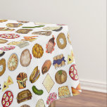 Jewish Cooking Cuisine Holiday Dinner Foods Print Tablecloth<br><div class="desc">Design features an original illustration of an assortment of popular foods in Jewish cuisine, including: babka, bagel with cream cheese and lox, rugelach, blueberry blintzes, hamantash, reuben sandwich, kosher dill pickle, matzah, spinach knish, shakshuka, everything bagel, coconut macaroon, Israeli salad, kugel, bourekas, beef brisket, latkes with sour cream, matzo ball...</div>