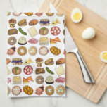 Jewish Cooking Cuisine Holiday Dinner Foods Print Tea Towel<br><div class="desc">Design features an original illustration of an assortment of popular foods in Jewish cuisine, including: babka, bagel with cream cheese and lox, rugelach, blueberry blintzes, hamantash, reuben sandwich, kosher dill pickle, matzah, spinach knish, shakshuka, everything bagel, coconut macaroon, Israeli salad, kugel, bourekas, beef brisket, latkes with sour cream, matzo ball...</div>