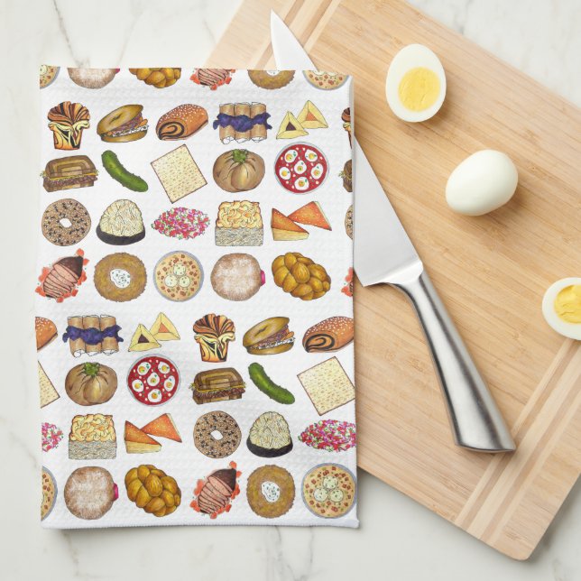 Jewish Cooking Cuisine Holiday Dinner Foods Print Tea Towel (Quarter Fold)
