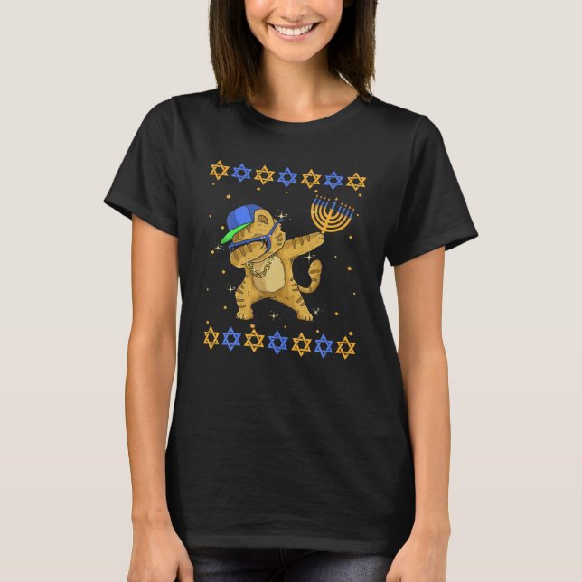 Jewish Dabbing Cat Hanukkah Menorah Chanukah Cat T-Shirt (Front)