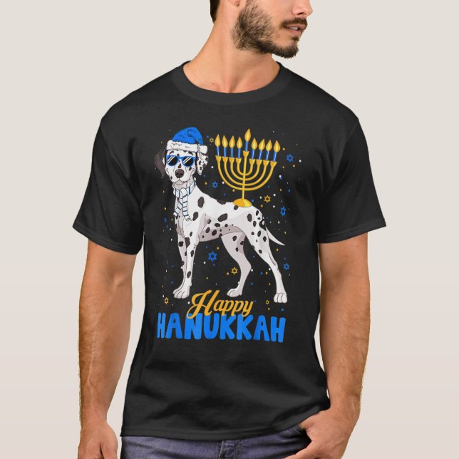 Jewish Dalmatian Dog Menorah Happy Hanukkah Chanuk T-Shirt (Front)