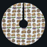 Jewish Deli Foods Pickle Knish Blintz Bagel Lox Brushed Polyester Tree Skirt<br><div class="desc">Ideal for holiday decorating! Christmas tree skirt features an original marker illustration of classic NYC Jewish deli foods including blinztes, bagels, pickles, and a reuben sandwich. This design is also available on other products. Don't see what you're looking for? Need help with customisation? Contact Rebecca to have something designed just...</div>