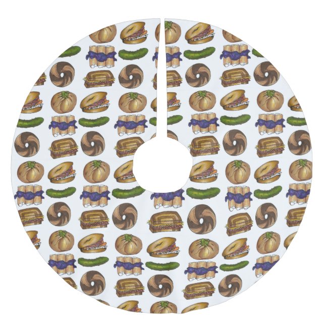 Jewish Deli Foods Pickle Knish Blintz Bagel Lox Brushed Polyester Tree Skirt (Front)