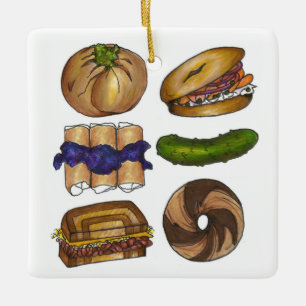 Jewish Deli Foods Pickle Knish Blintz Bagel Lox Ceramic Ornament