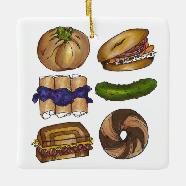 Jewish Deli Foods Pickle Knish Blintz Bagel Lox Ceramic Ornament (Front)
