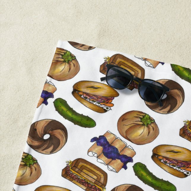 Jewish Deli Foods Pickle Reuben Blintz Knish Bagel Beach Towel (In Situ)
