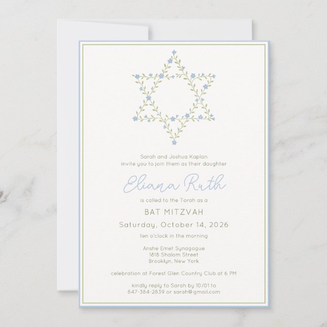 Jewish Elegant Floral Star of David Bat Mitzvah Invitation (Front)