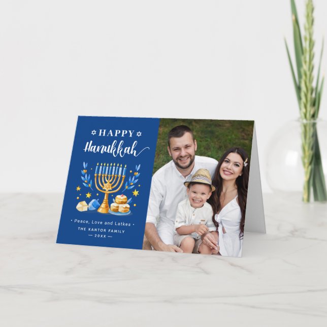 Jewish Festive Holidays Happy Hanukkah Photo Holiday Card (Front)