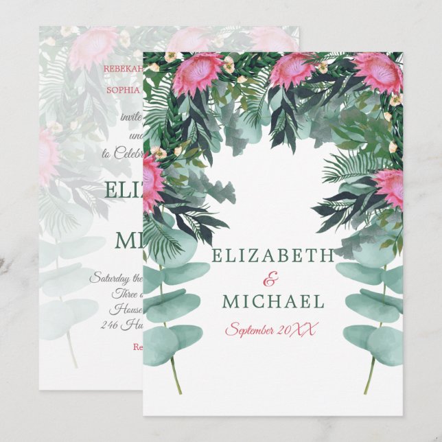 Jewish Floral Wedding Chuppah Eucalyptus Protea Invitation (Front/Back)