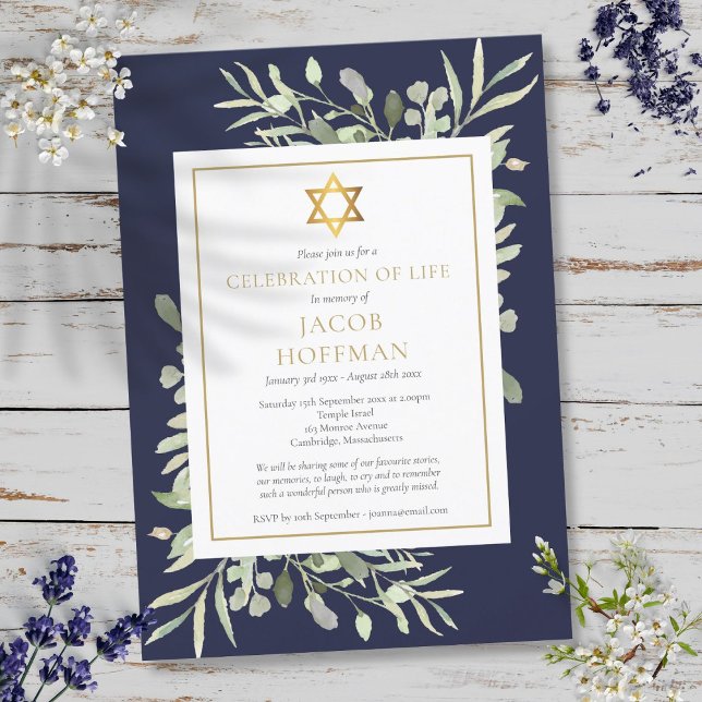 Jewish Funeral Celebration of Life Greenery Blue Invitation (Jewish Funeral Celebration of Life Greenery Blue Invitation)