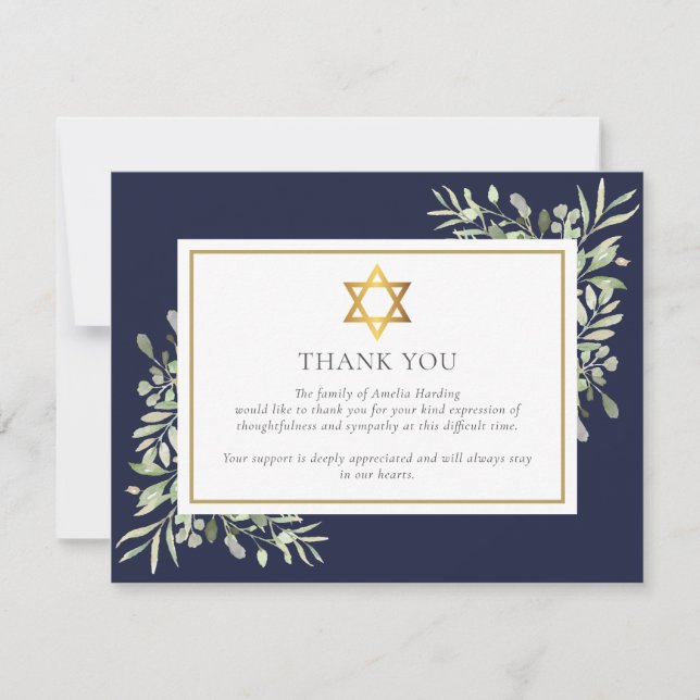 Jewish Funeral  Foliage Gold Star Of David Photo Thank You Card (Front)
