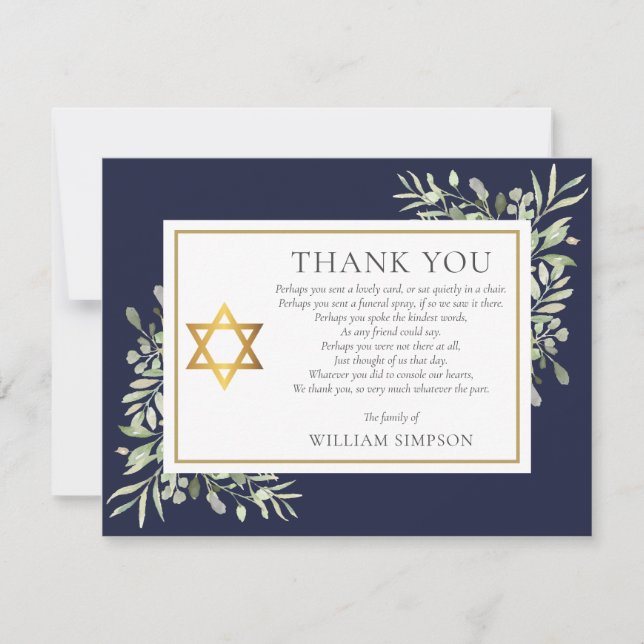 Jewish Funeral Gold Star Of David Greenery Poem Thank You Card (Front)