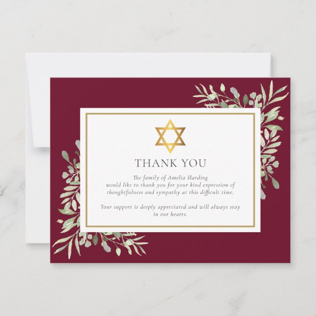 Jewish Funeral Memorial Foliage Gold Star Of David Thank You Card (Front)