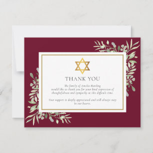 Jewish Funeral Memorial Foliage Gold Star Of David Thank You Card
