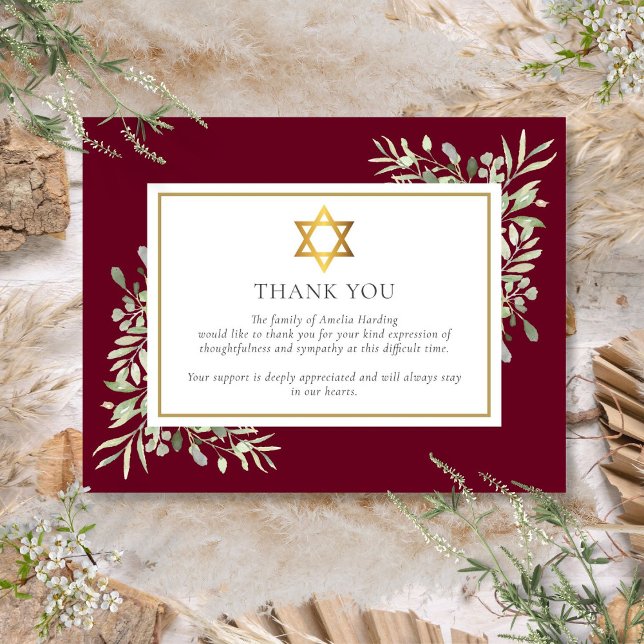 Jewish Funeral Memorial Foliage Gold Star Of David Thank You Card (Jewish Funeral Memorial Foliage Gold Star Of David Thank You Card)