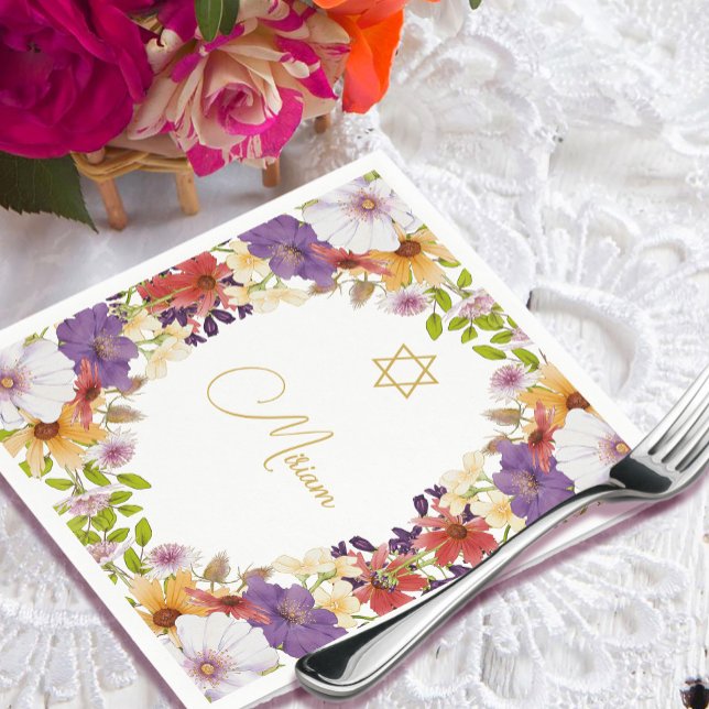 Jewish Girl Baby Floral Hebrew Naming Ceremony  Napkin (Creator Uploaded)