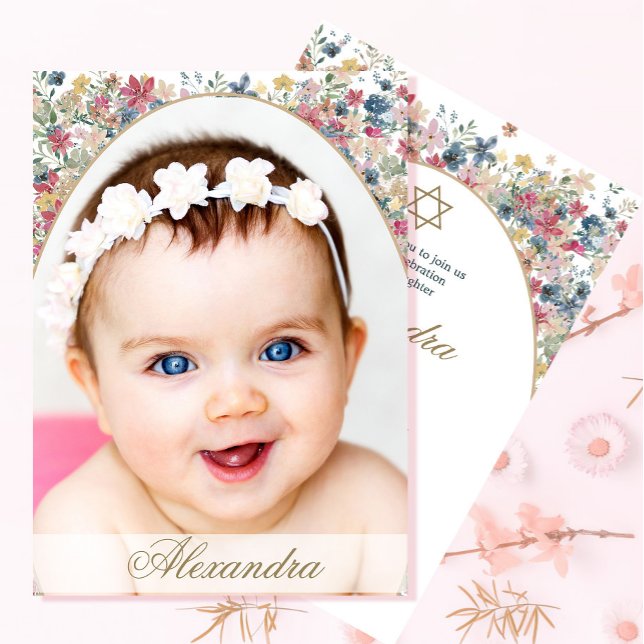 Jewish Girl Baby Naming Field Flower Photo Invitation (Creator Uploaded)