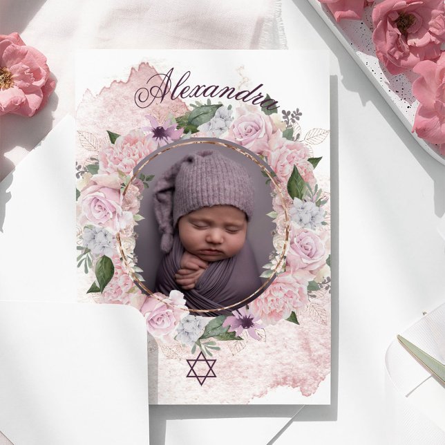 Jewish Girl Baby Naming Photo Pink Roses  Invitation (Creator Uploaded)
