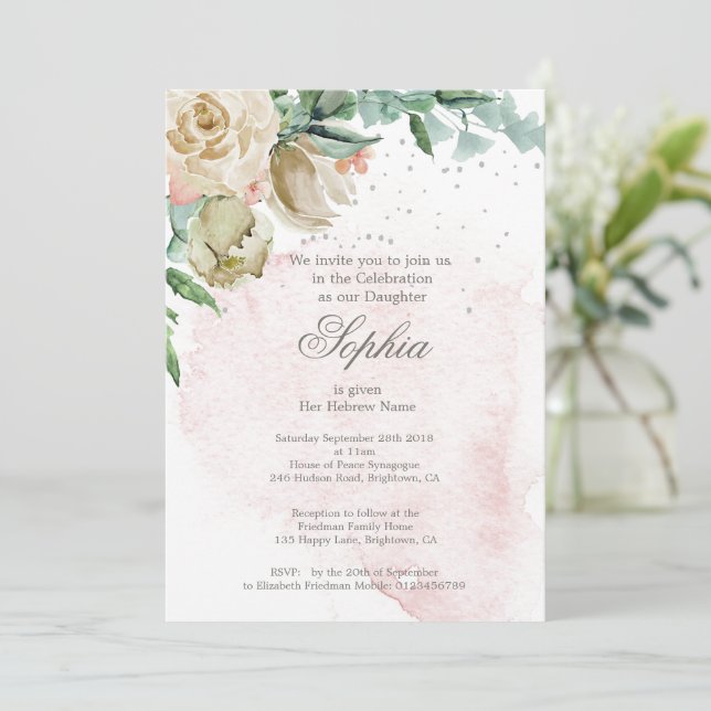 Jewish Girl Baby Naming Pink Roses Gold Invitation (Standing Front)