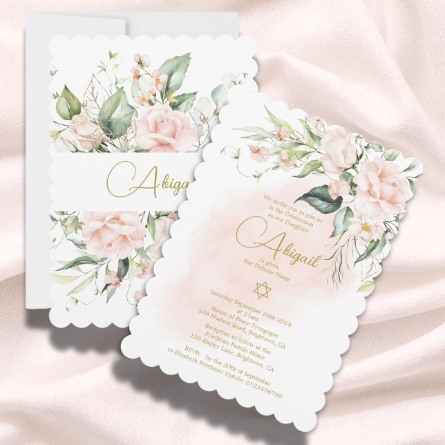 Jewish Girl Baby Naming Watercolor Floral Elegant  Invitation (Creator Uploaded)