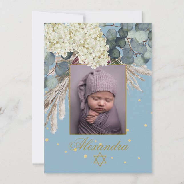 Jewish Girl Photo Baby Naming Floral Blue Gold  Invitation (Back)