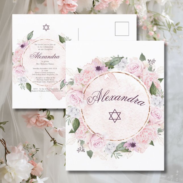 Jewish Girl Pink Roses Star Of David Invitation Postcard (Creator Uploaded)