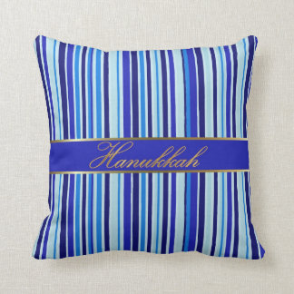 Jewish Hanukkah Golden Blue Stripes Throw Pillow