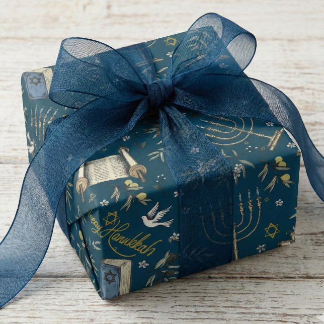 Jewish Happy Hanukkah Menorah Navy Blue Wrapping Paper (Jewish Holiday Hanukkah Wrapping Paper in Elegant Navy Blue for Him. Menorah, Star of David, Torah)