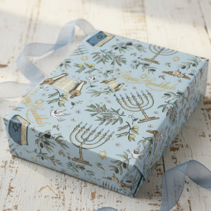 Jewish Happy Hanukkah Menorah & Olive Branches Wrapping Paper