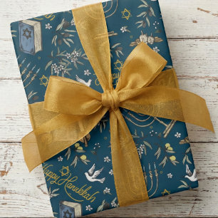 Jewish Happy Hanukkah Menorah & Olive Branches Wrapping Paper