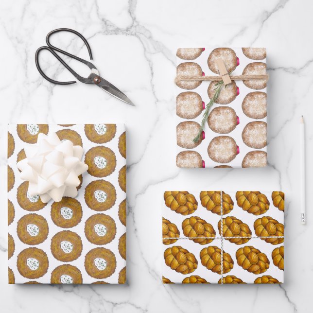 Jewish Holidays Hanukkah Latke Challah Sufganiyah Wrapping Paper Sheet (Front)