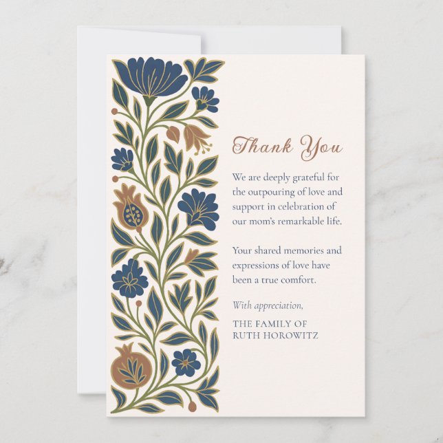 Jewish Inspired Floral Sympathy Shiva Funeral Thank You Card (Front)