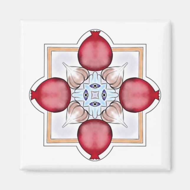 Jewish Luck Magnet - Pomegranate, Hamsa, Garlic (Front)