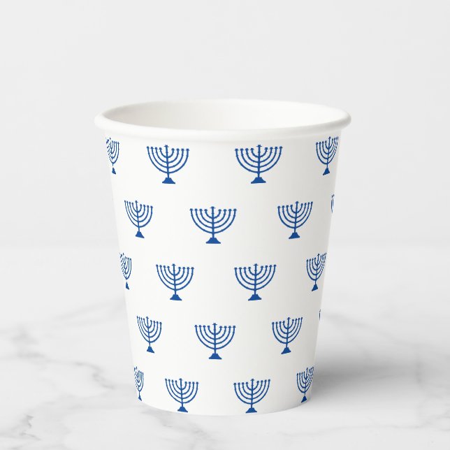 Jewish menorah blue and white pattern Hanukkah Paper Cups (Front)