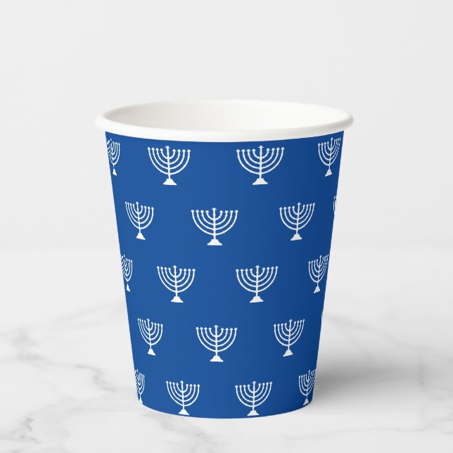 Jewish menorah blue and white pattern Rosh Hashana Paper Cups (Front)