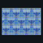 Jewish-Menorah-Plaid-Lt-Blue Wrapping Paper Sheet<br><div class="desc">From my new Jewish Collection coming into stores now... MENORAH PLAID LT BLUE. A large silver and blue detailed 9 branch menorah design on an all-over background plaid pattern. All of the candles appear lit. The plaid pattern is green, gold and blue. You get 3 sheets of gift wrapping sheets....</div>