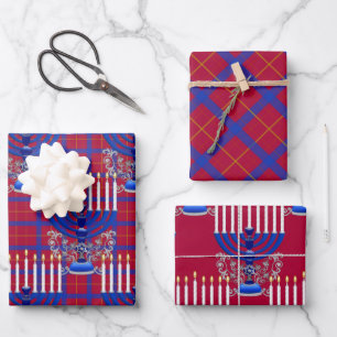 Jewish-Menorah-Plaid-Pomegranate-Red Wrapping Paper Sheet