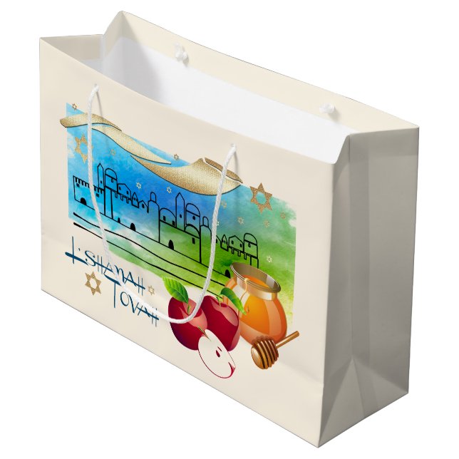 Jewish New Year | Rosh Hashanah Custom Name Large Gift Bag (Front Angled)